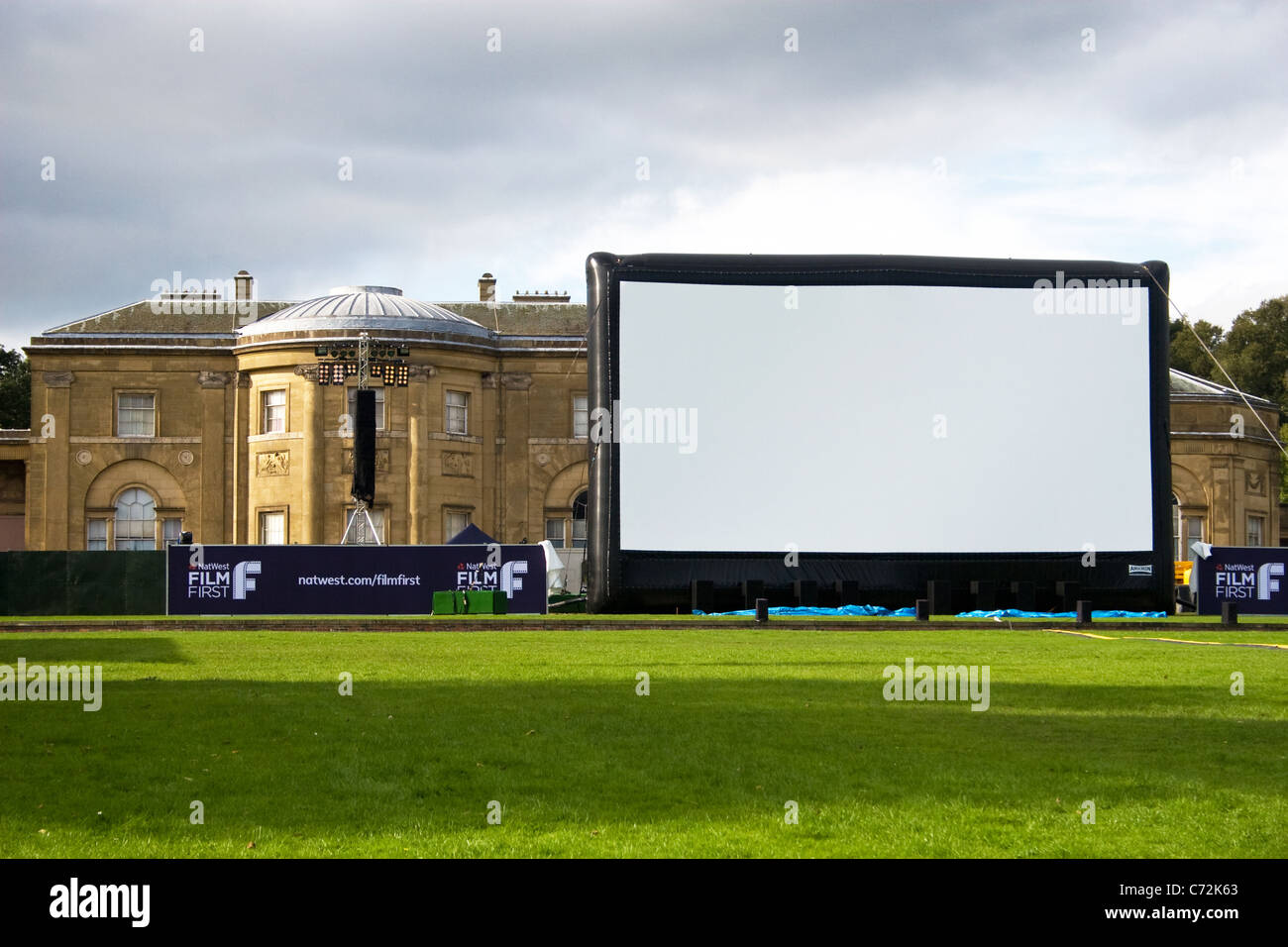 Natwest Film First outdoor screening.  Airscreen inflatable screen in front of Heaton Hall, Heaton Park, Manchester, England, UK Stock Photo