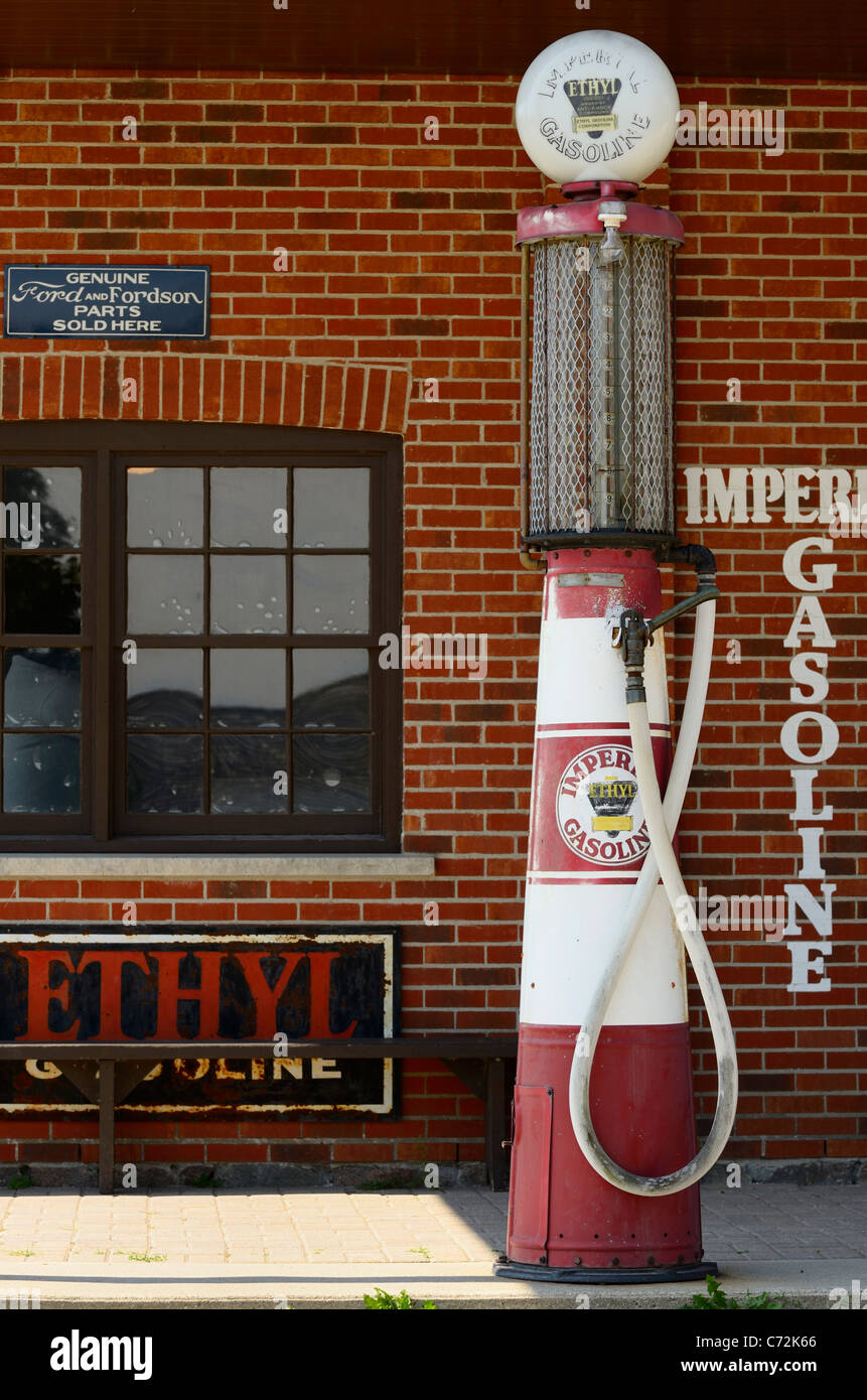 Historic gas station and pump at Country Heritage Park Milton Canada
