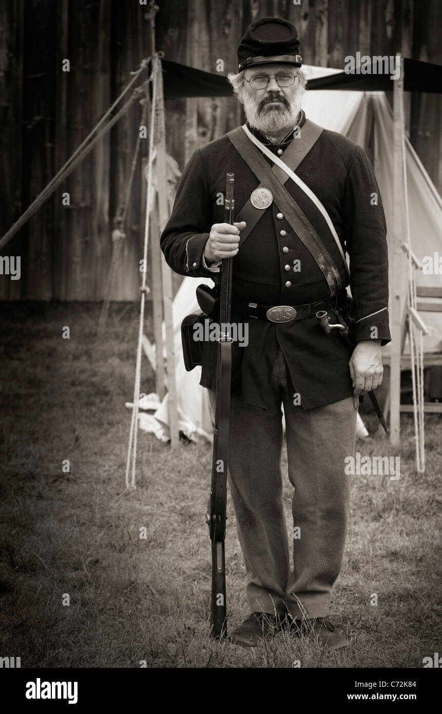 Monochrome portrait of an American Union soldier in blue uniform and with musket at historical reenactment of Battle of Bull Run Milton Ontario Stock Photo