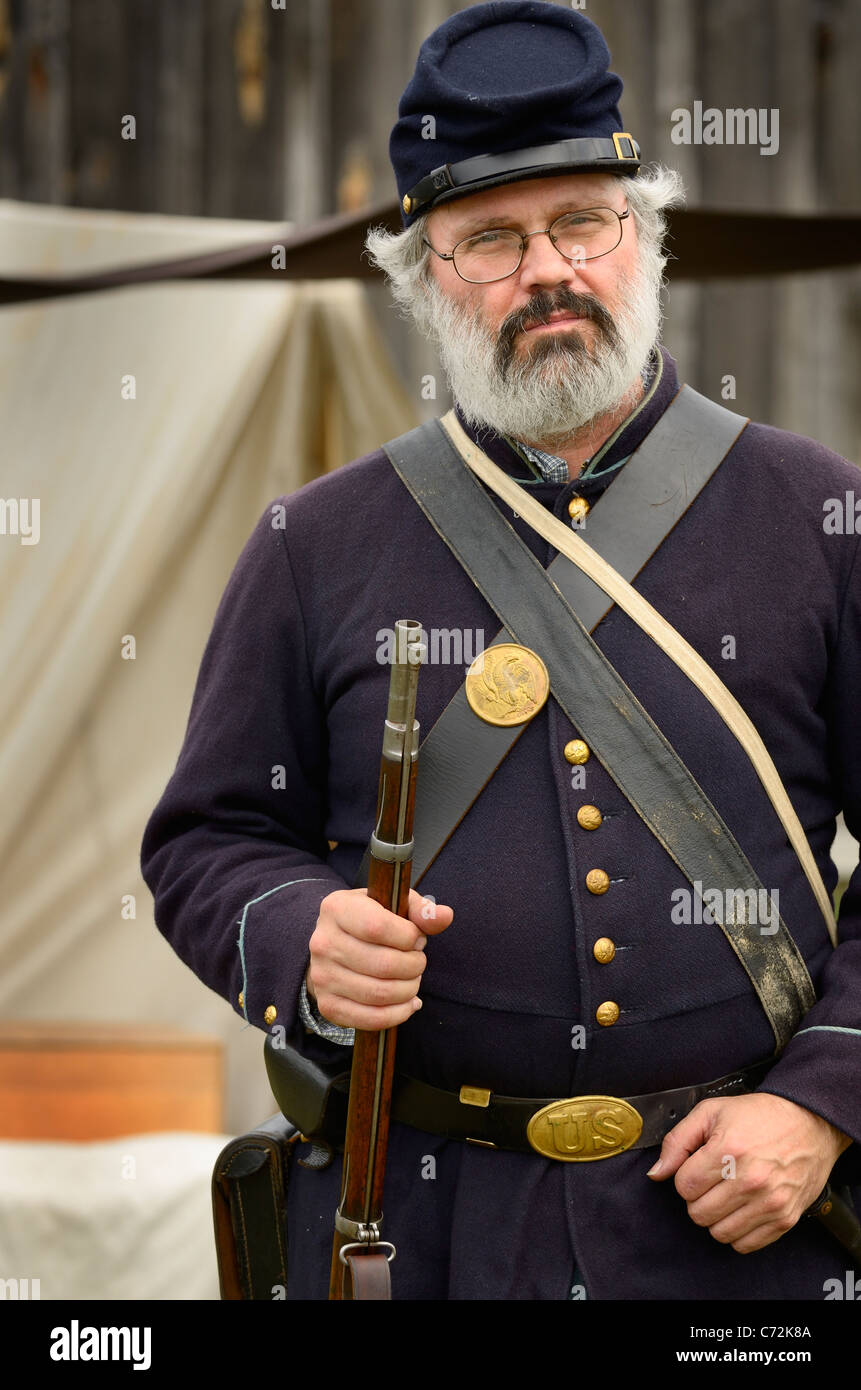 Portrait of an American Union soldier in blue uniform with musket Country Heritage Park Milton Ontario Canada Stock Photo