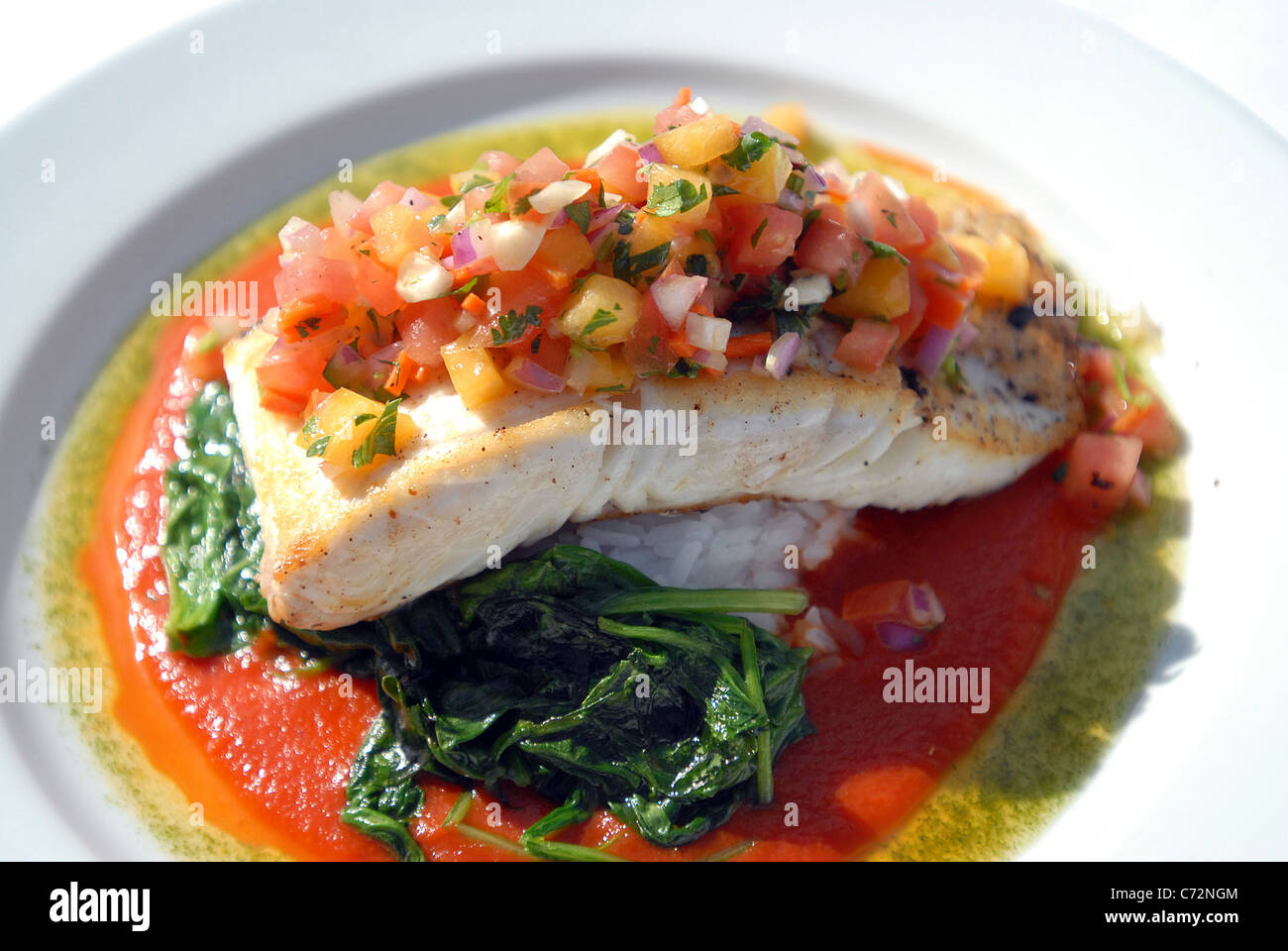 Grilled Halibut with a roasted tomato coullis and Pinapple Salsa. Stock Photo