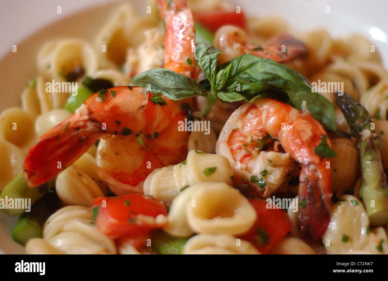 Orechiette Provinciale. Fresh Tomatos, capers and asparagus with shrimp. Stock Photo