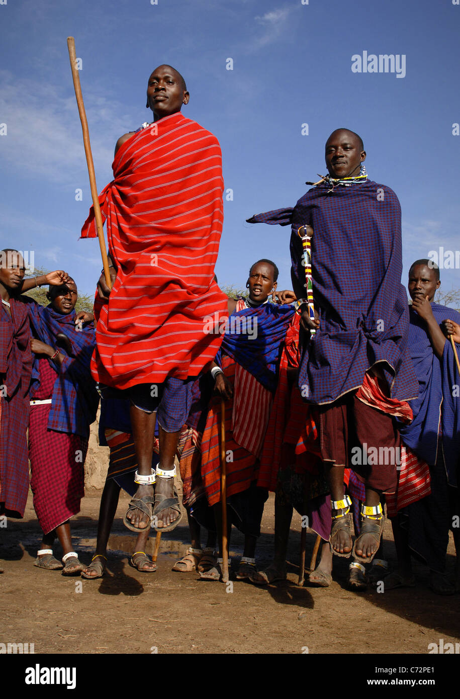 Africa.Tanzania. 5 march 2009. Maasai village. Masai performing warrior dance,Tanzania, East Africa. Stock Photo