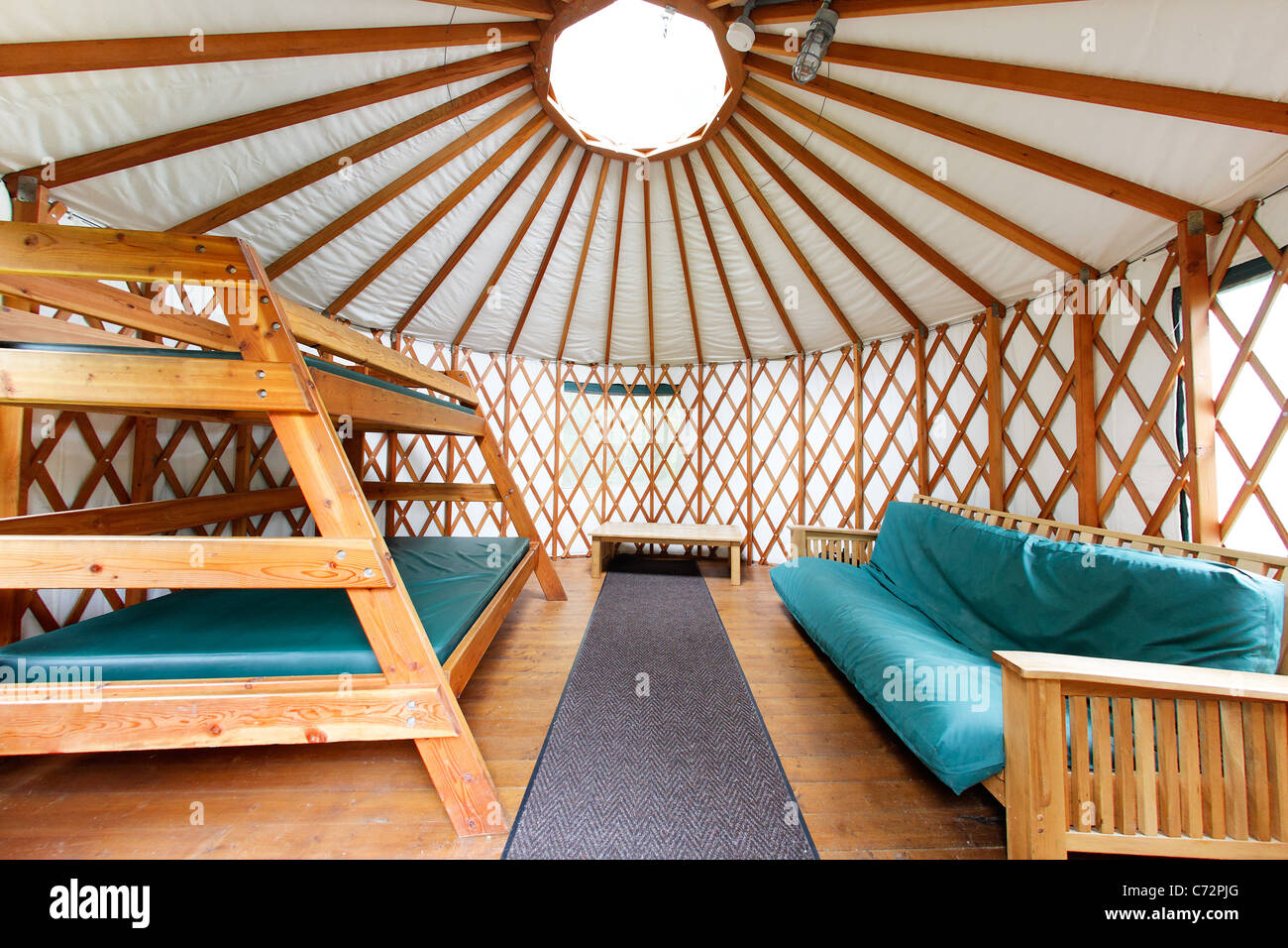 Interior of rental yurt at Kayak Point County Park, Snohomish County, Washington, USA Stock Photo