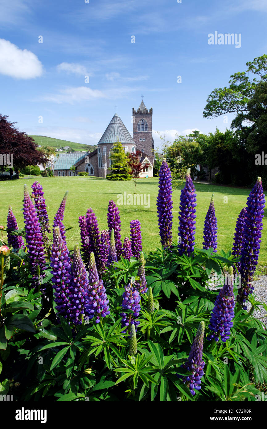 St. Mary's Church and flower gardens, Dingle (An Daingean), Dingle Peninsula, County Kerry, Republic of Ireland Stock Photo