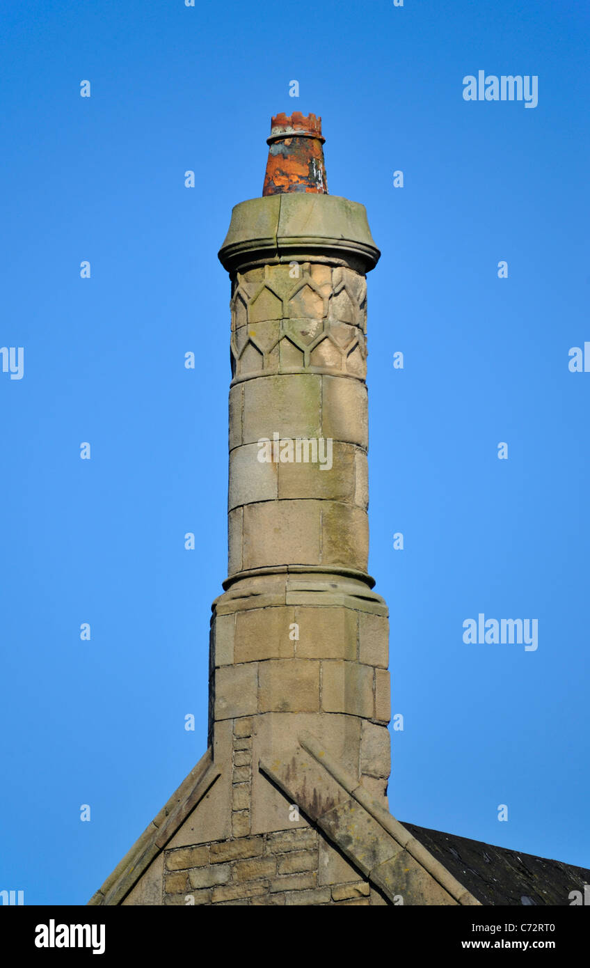 Ornate stone chimney stack. Warton Road, Carnforth, Lancashire, England