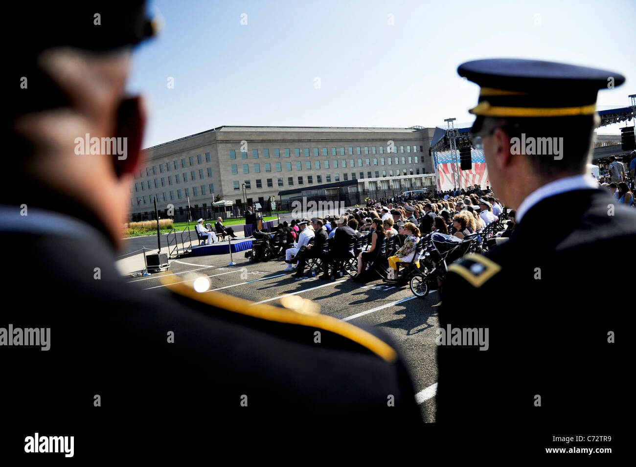 Defense Secretary Leon Panetta addresses the audience during the 9/11 remembrance ceremony. Stock Photo
