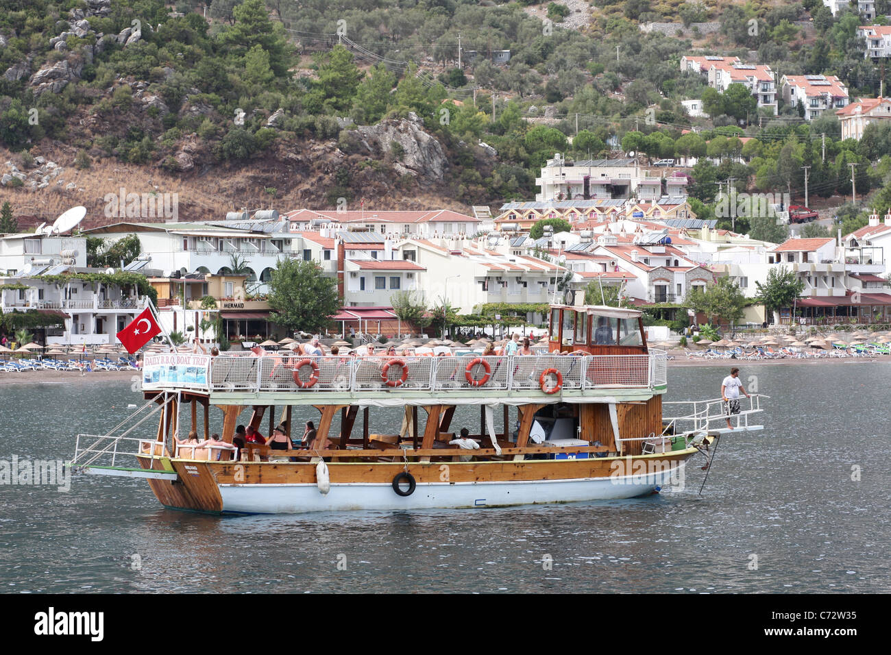 A tourist boat off the shore of Turunc, Turkey Stock Photo