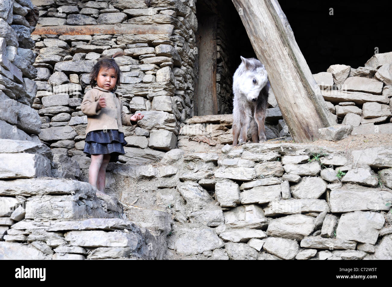 A Humla child looking curiously to the intruders in old Simikot village. Stock Photo