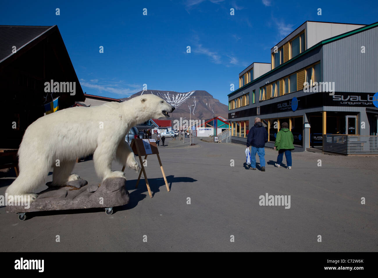 Stuffed polar bear outside a tourist shop in Longyearbyen, Svalbard. Stock Photo