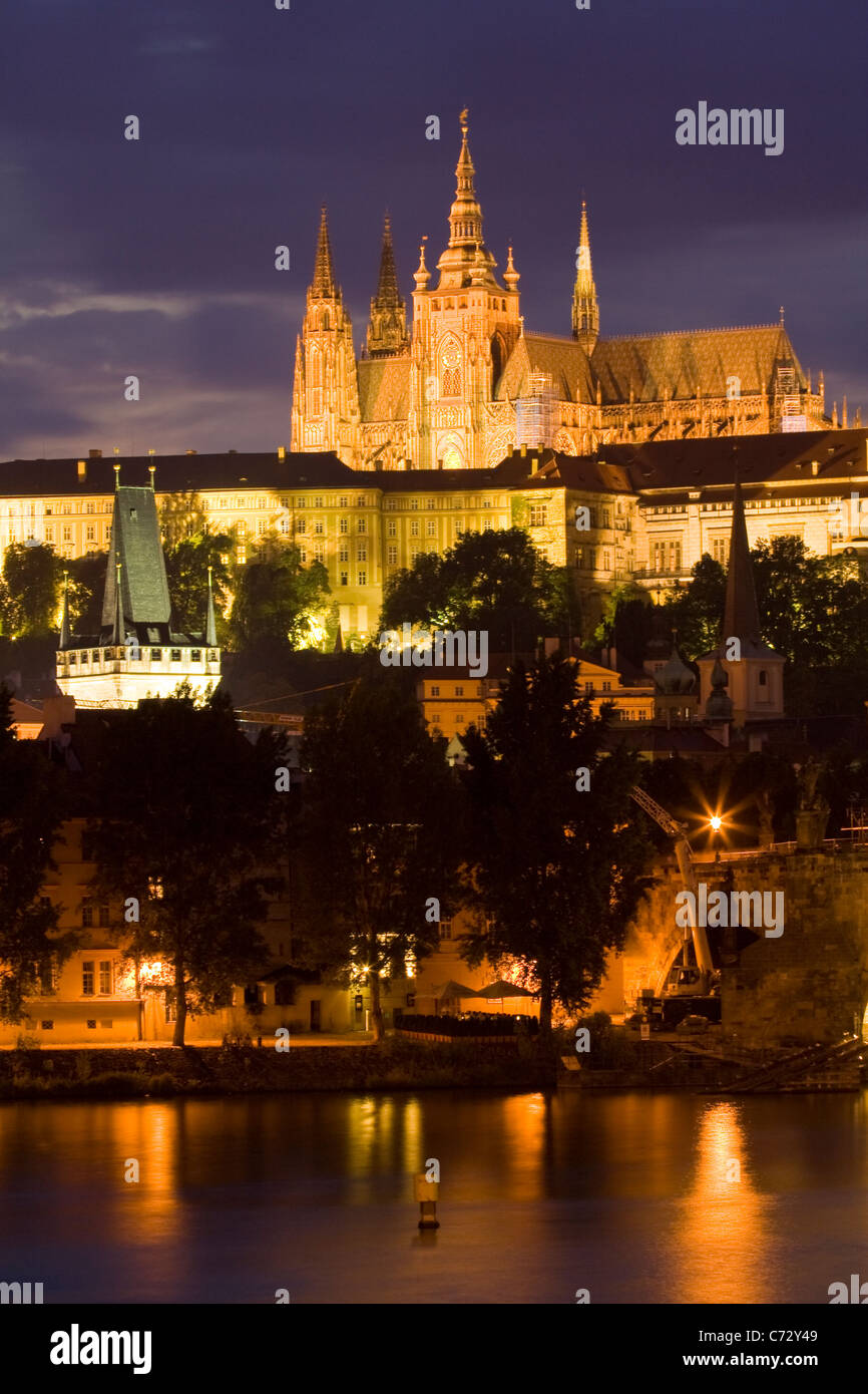 Evening mood from Charles Bridge with Prague Castle, Castle District, Hradcany, Prague, Czech Republic, Europe Stock Photo
