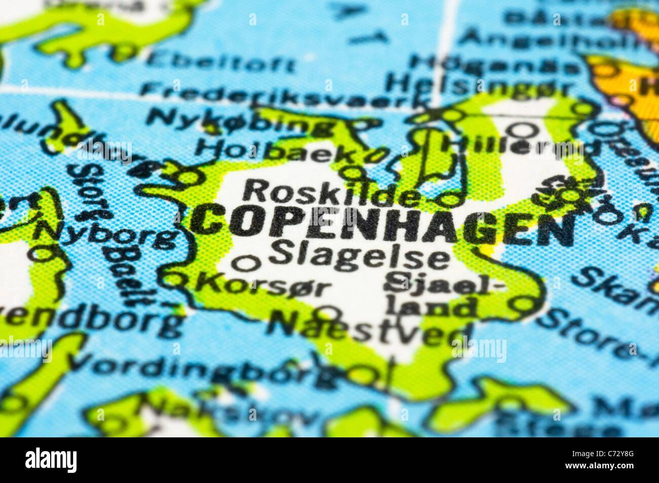 Close up of Copenhagen on map, capital city of denmark. Stock Photo