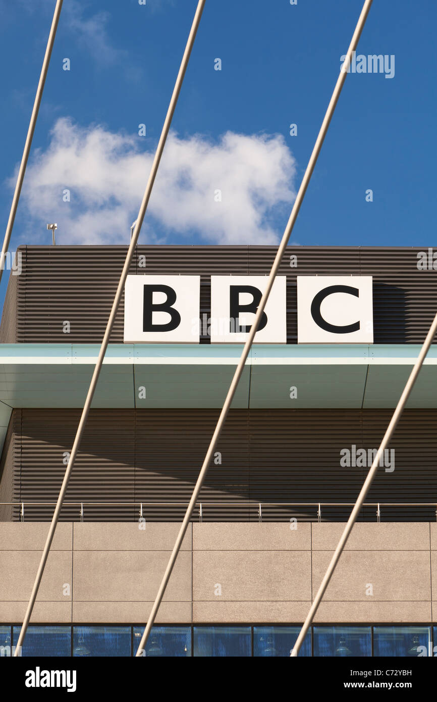 BBC sign at the BBC Manchester office at MediaCityUK, Salford, Manchester, England Stock Photo