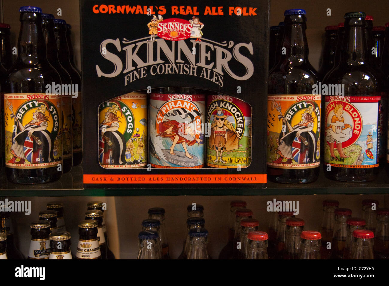 Bottles of Skinner's Fine Cornish Ales, with amusing names Stock Photo