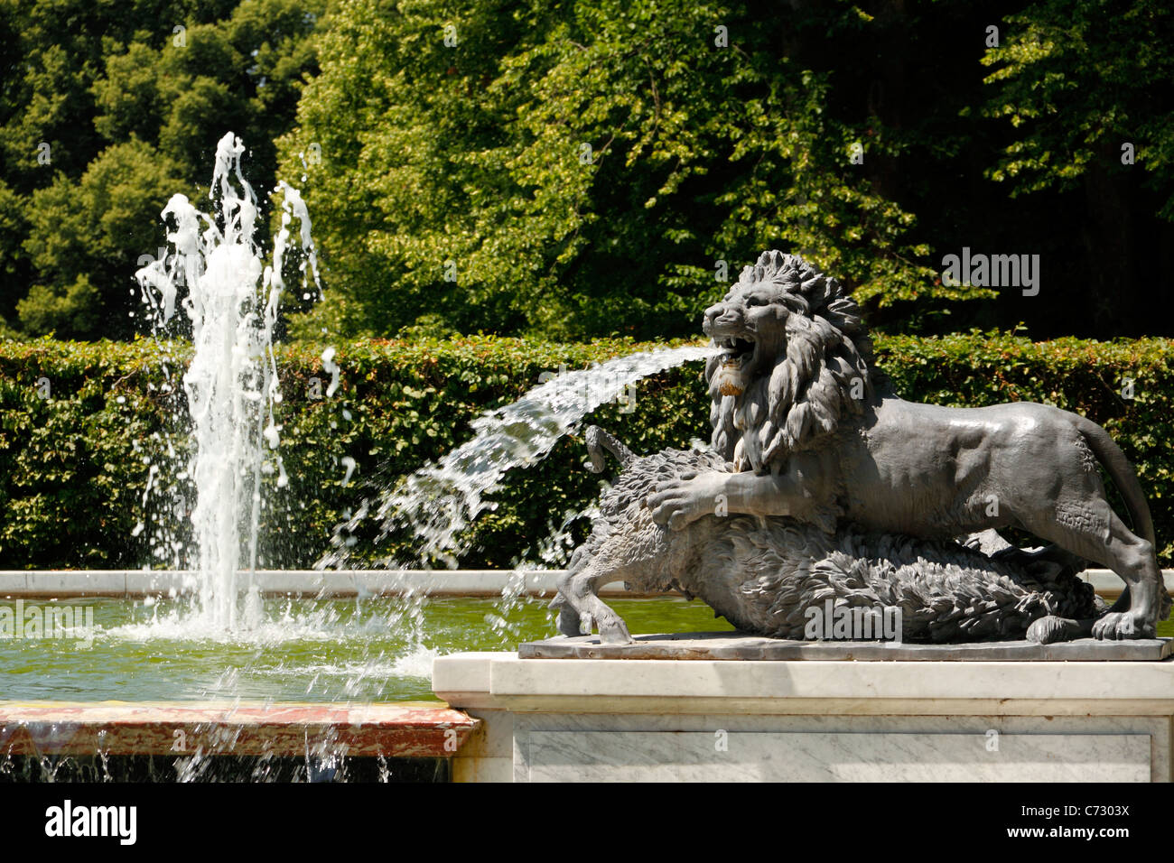 Lion Statue Marmorbrunnen Fountain at the Herrenchiemsee Palace, Herreninsel Upper Bavaria Germany Stock Photo