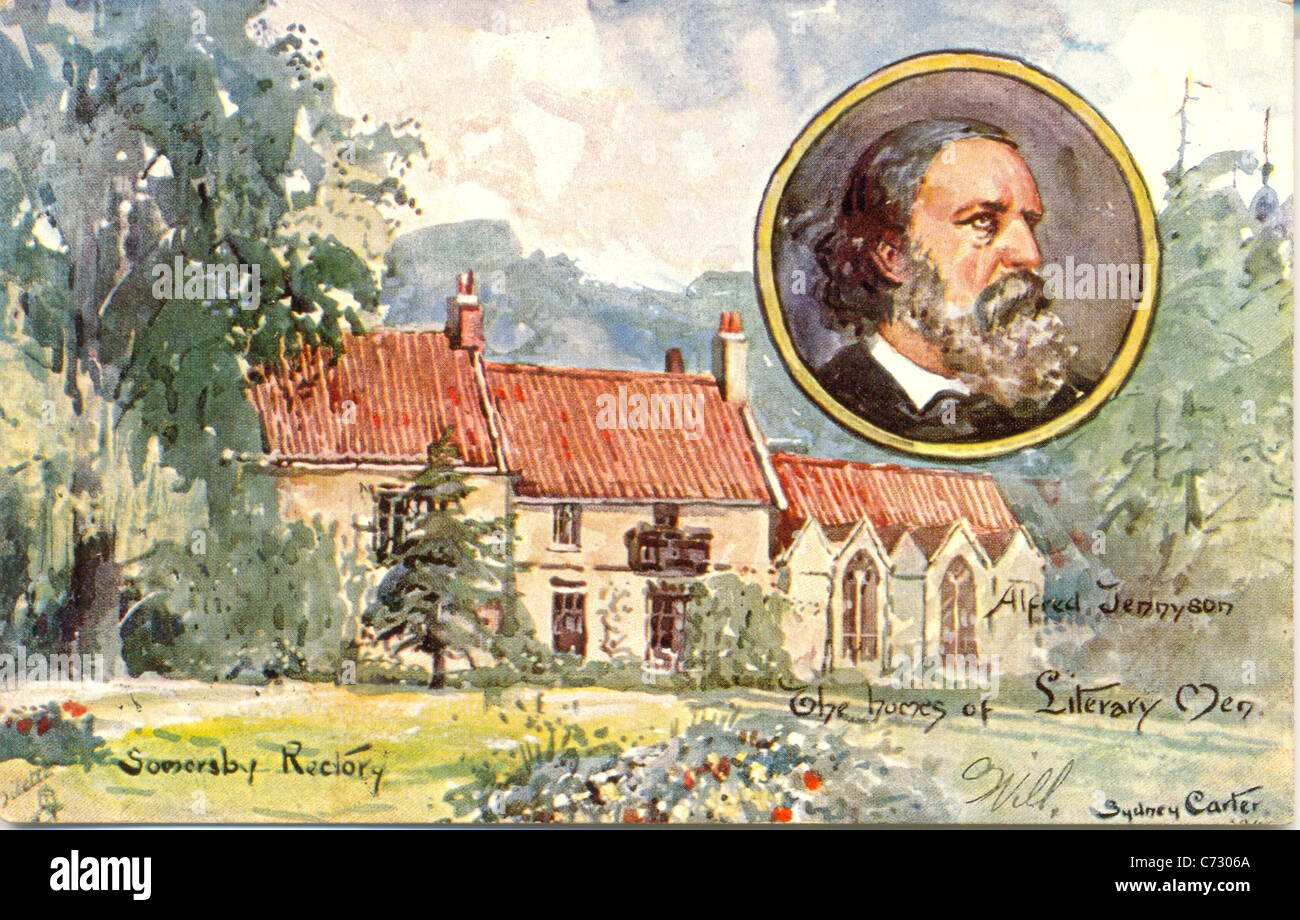 Picture postcard by artist Sydney Carter  of Alfred Tennyson in the series Homes of Literary Men Stock Photo