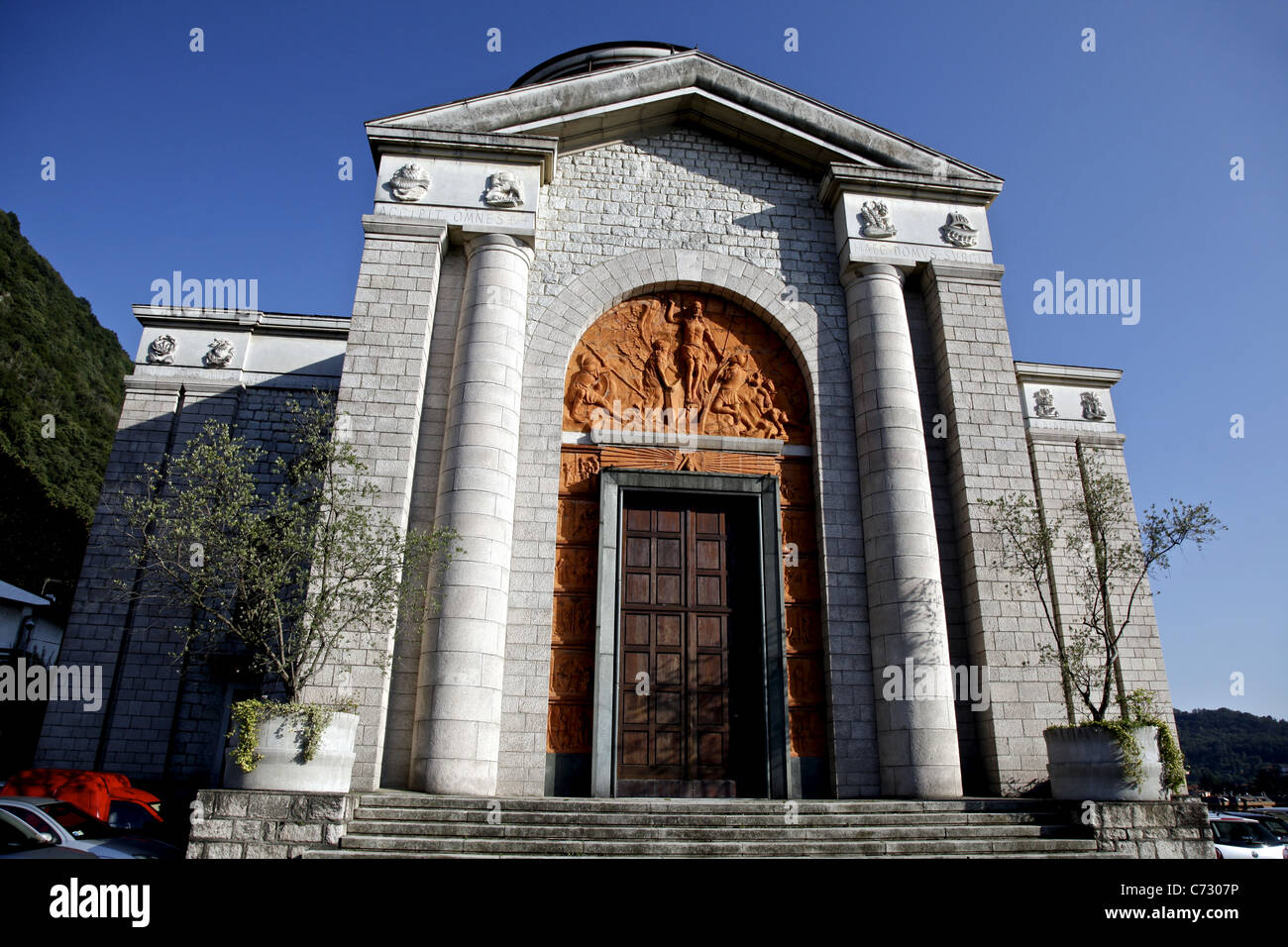 The entrance to Chiesa di S. Ambrogio or the so-called 'New Church' of Laveno-Mombello Stock Photo