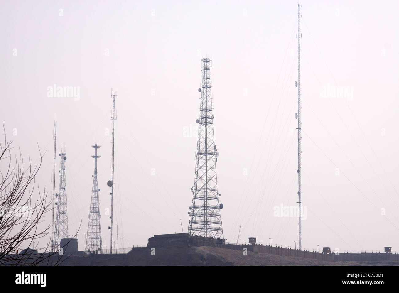 Telecom towers outside Saladin Citadel, right outside across the road in Cairo, Egypt. Multiple such towers. Stock Photo