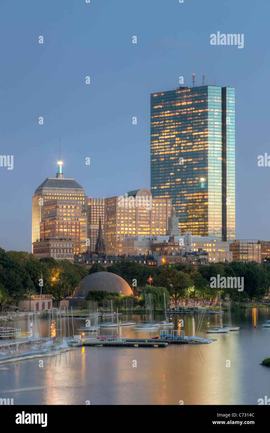 The Boston skyline including the John Hancock Building at twilight in Boston, Massachusetts. Stock Photo