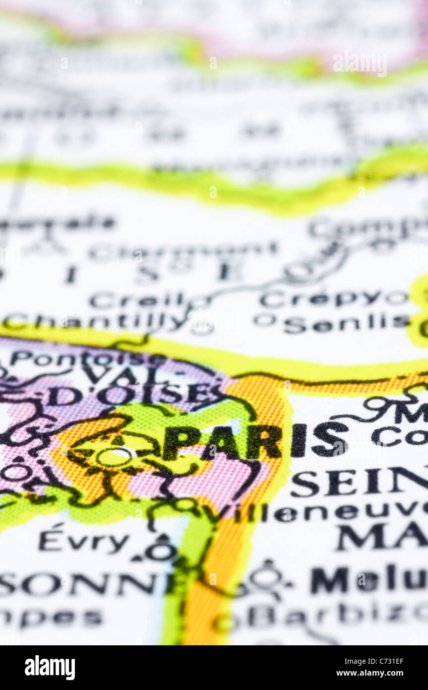 A close up of Paris on map, capital city of France. Stock Photo