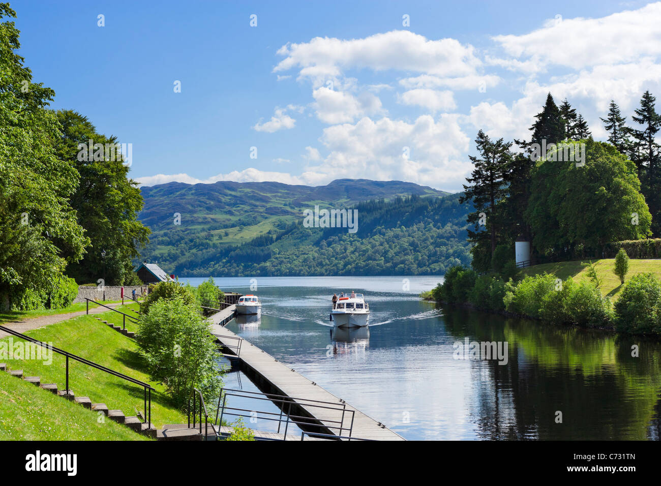 View down the Caledonian Canal towards Loch Ness, Fort Augustus, Highland, Scotland, UK Stock Photo