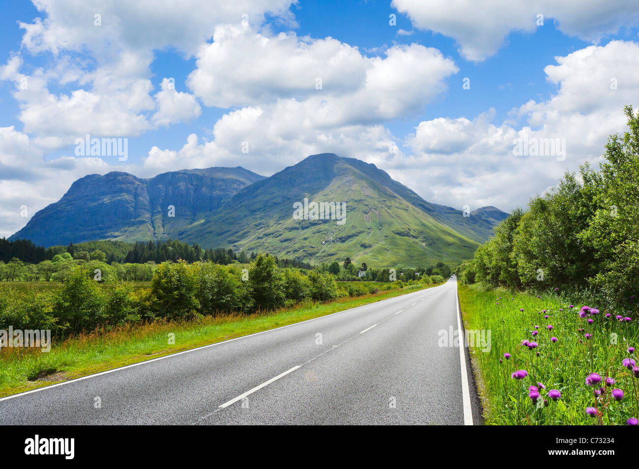 The A82 through Glen Coe near the village of Glencoe, Scottish Highlands, Scotland, UK Stock Photo