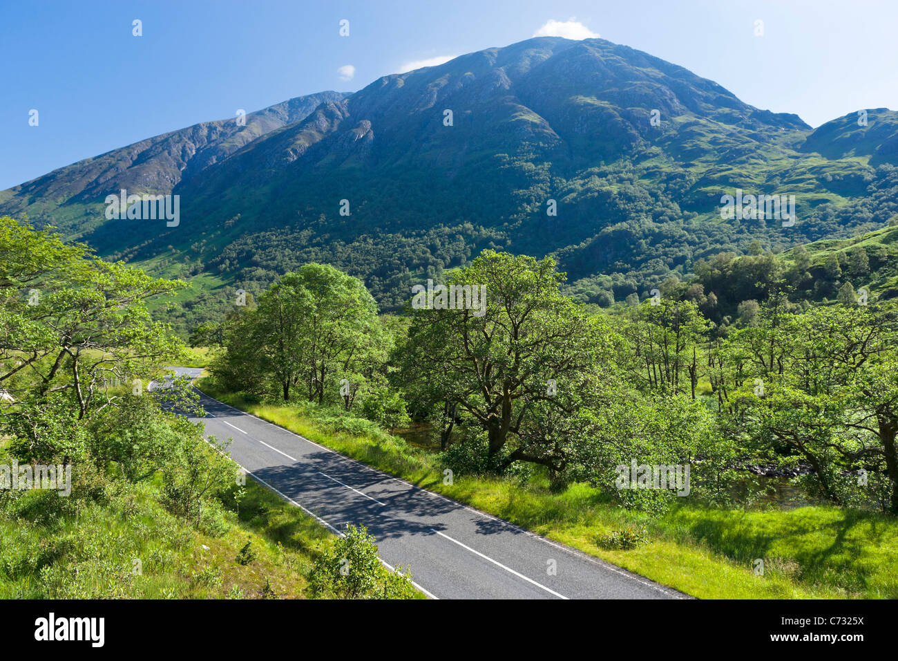 Ben Nevis (Britain's highest mountain) with road through Glen Nevis in foreground, Lochabar