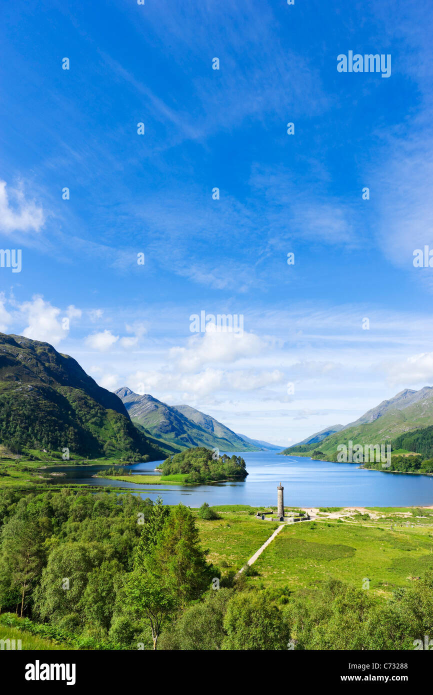 Loch Shiel with Glenfinnan Monument (commemorating 1745 Jacobite Rising) in foreground, Glenfinnan, Lochabar, Scotland, UK Stock Photo