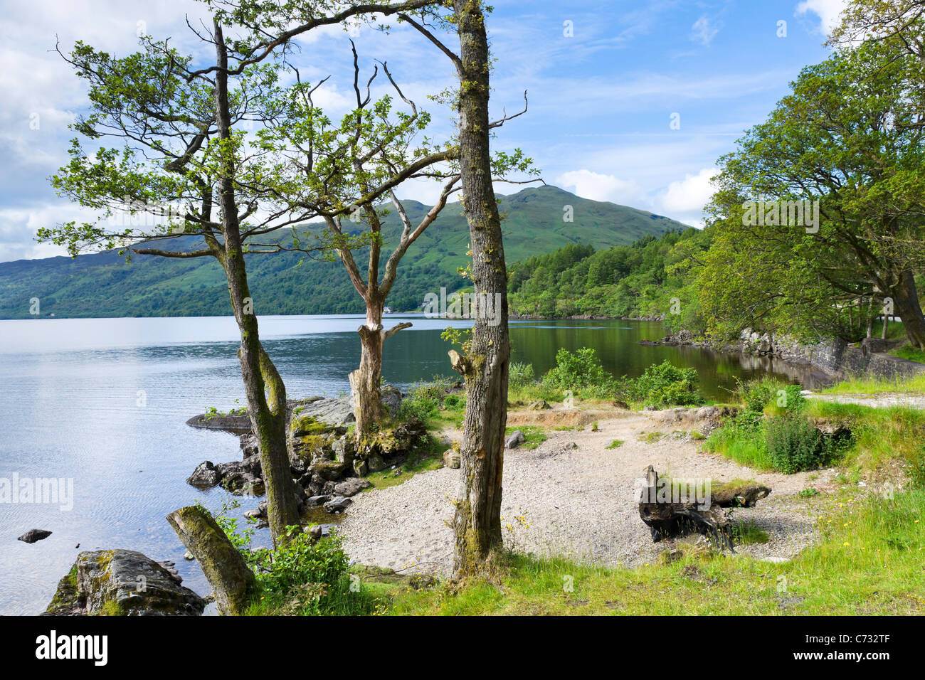 View over the loch on the A82 north of Luss on the west bank of Loch Lomond, Argyll and Bute, Scotland, UK Stock Photo
