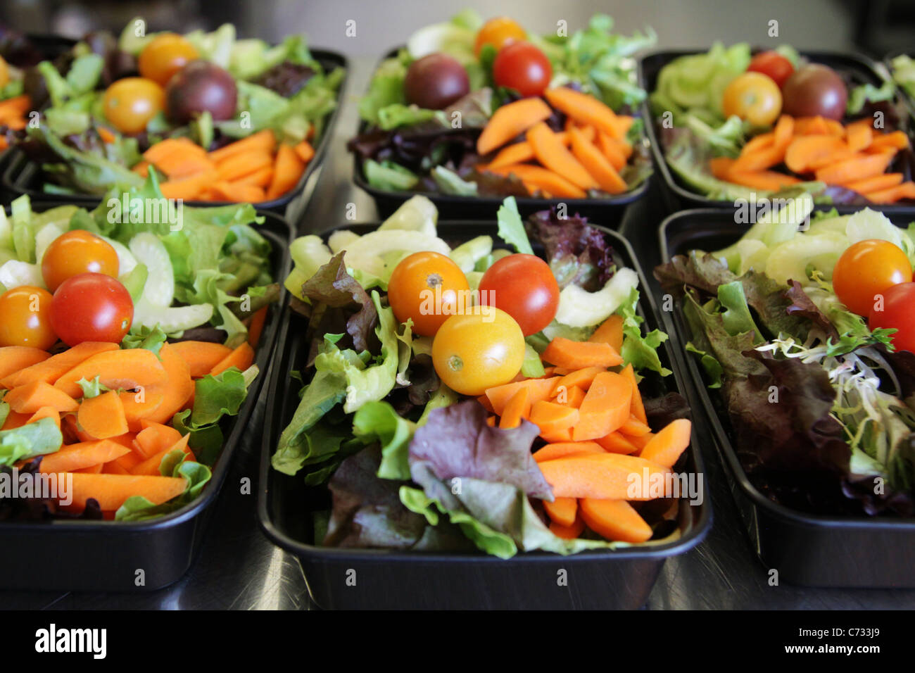 Prepared, single serving fresh salads. Stock Photo
