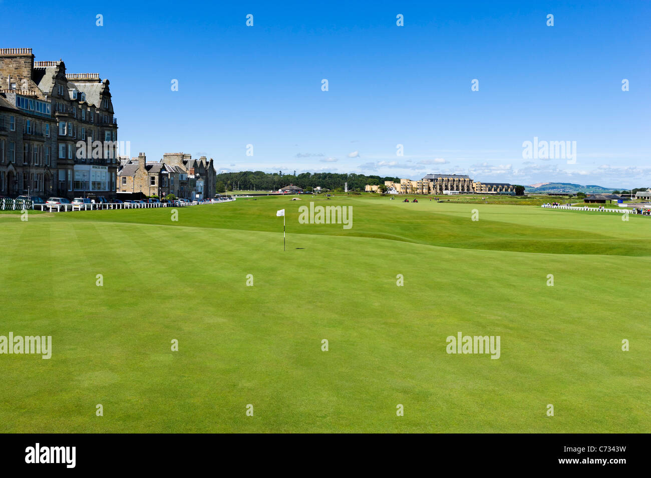 View from the 18th Green with the Old Course Hotel in the distance, Old Course at St Andrews, Fife, Scotland, UK Stock Photo
