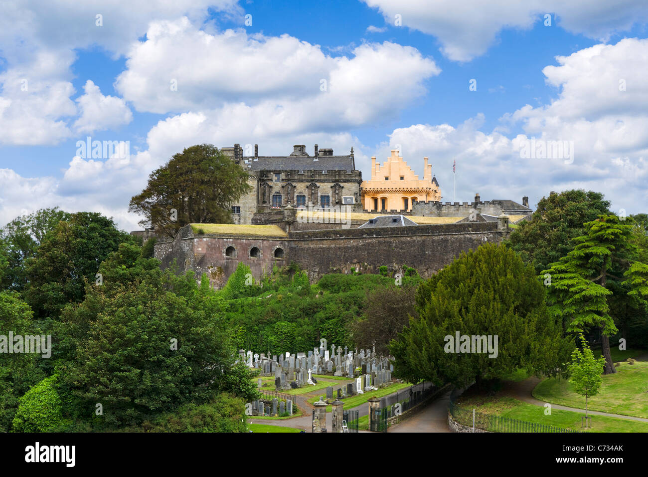 Stirling Castle viewed from the Church of the Holy Rude, showing the controversially painted Great Hall, Stirling, Scotland, UK Stock Photo