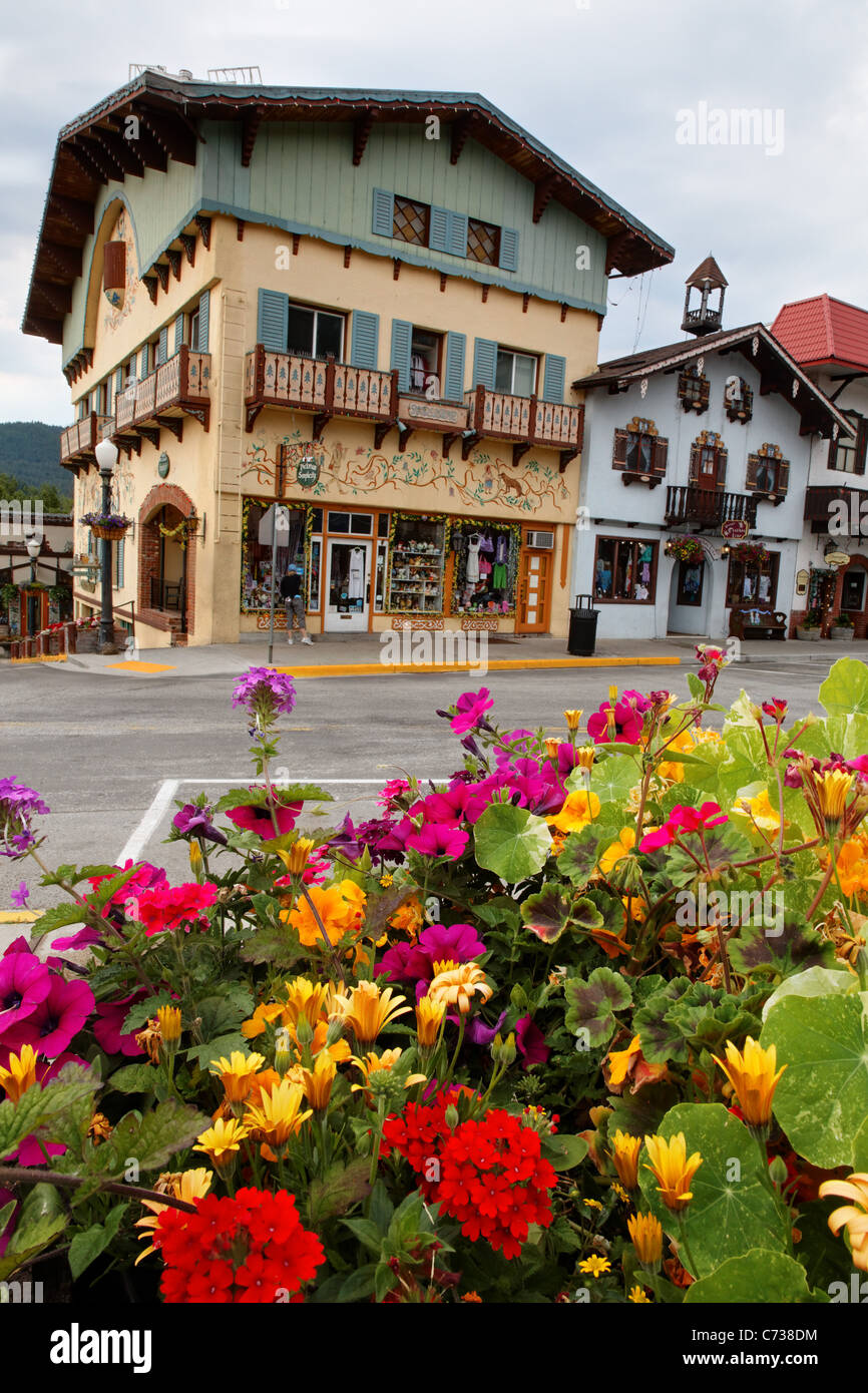 Flowers decorate street in Bavarian themed town of Leavenworth, Chelan County, Washington, USA Stock Photo