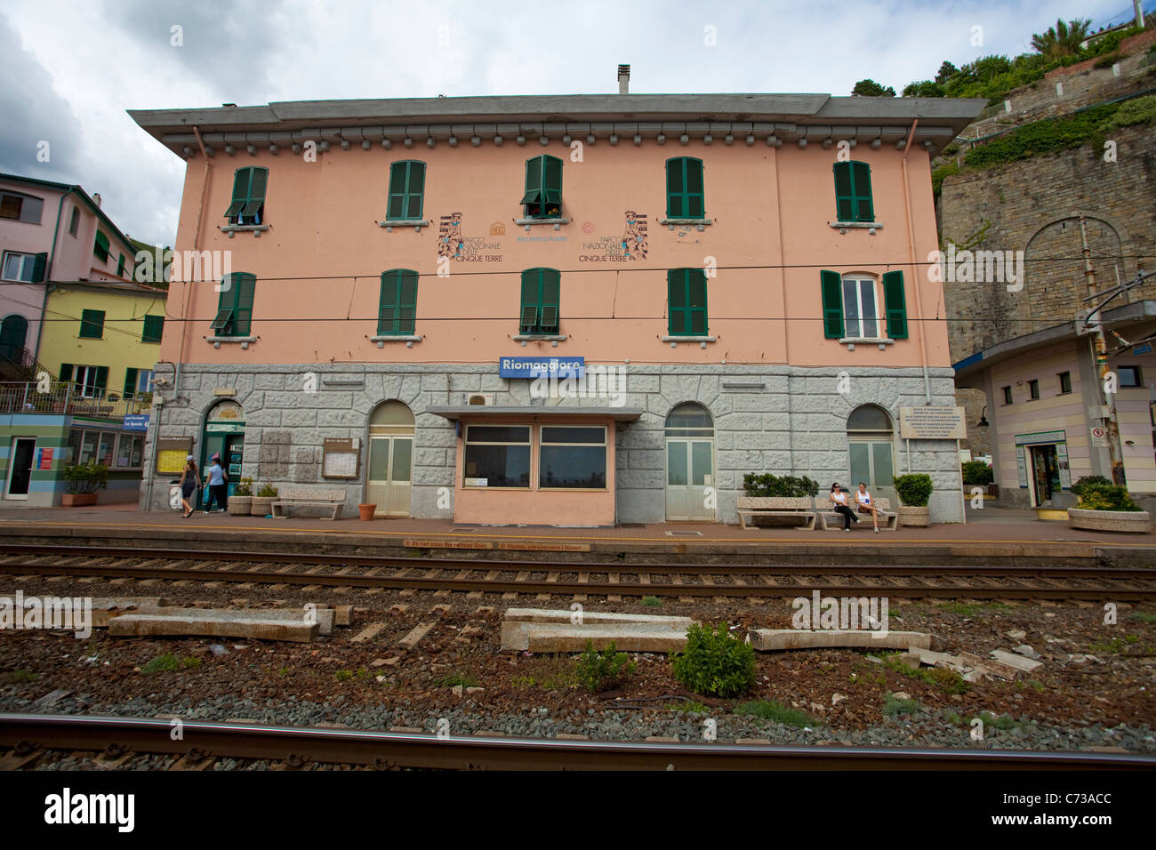 Rail station of fishing village Riomaggiore, National park Cinque Terre, Unesco World Heritage site, Liguria di Levante, Italy, Mediterranean sea Stock Photo