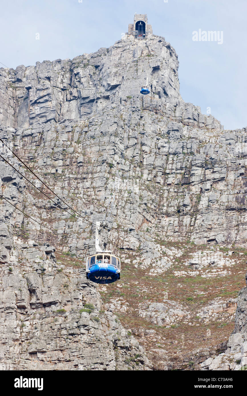 Overhead cable car to the top of Table Mountain in Cape Town, South Africa. Stock Photo