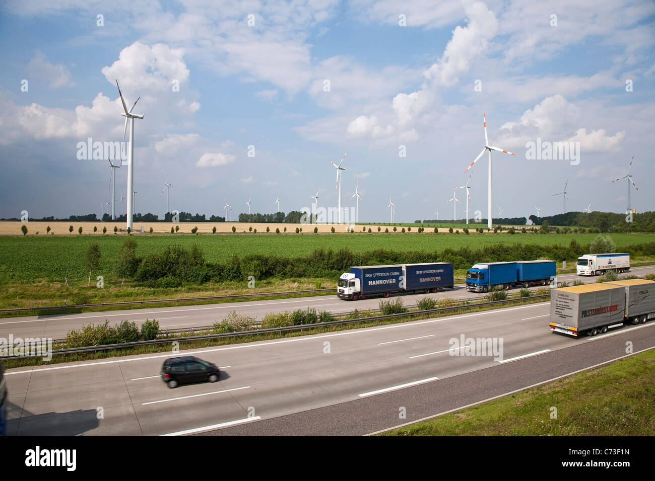 Wind turbines alongside the Autobahn A2 direction Berlin, Lower Saxony, Germany Stock Photo