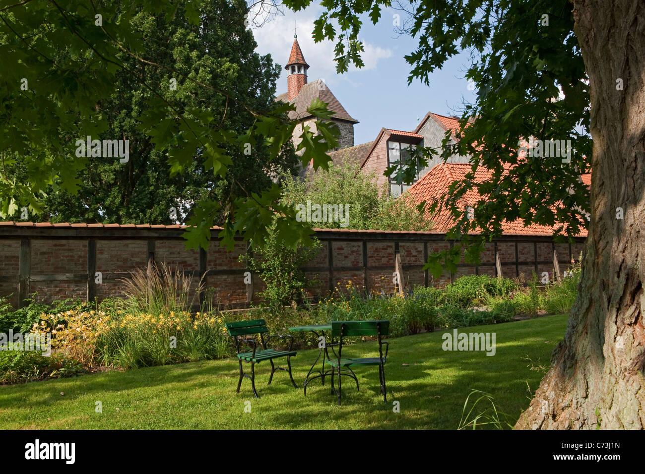 View from the garden of the abbey towards Fischbeck Abbey, Fischbeck, Hessisch Oldendorf, Lower Saxony, Germany Stock Photo