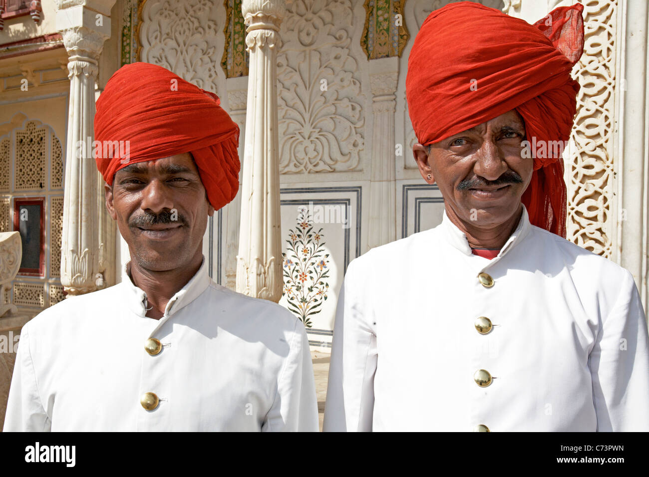 Indian Guards At the Pink Palace Jaipur Rajasthan India Stock Photo