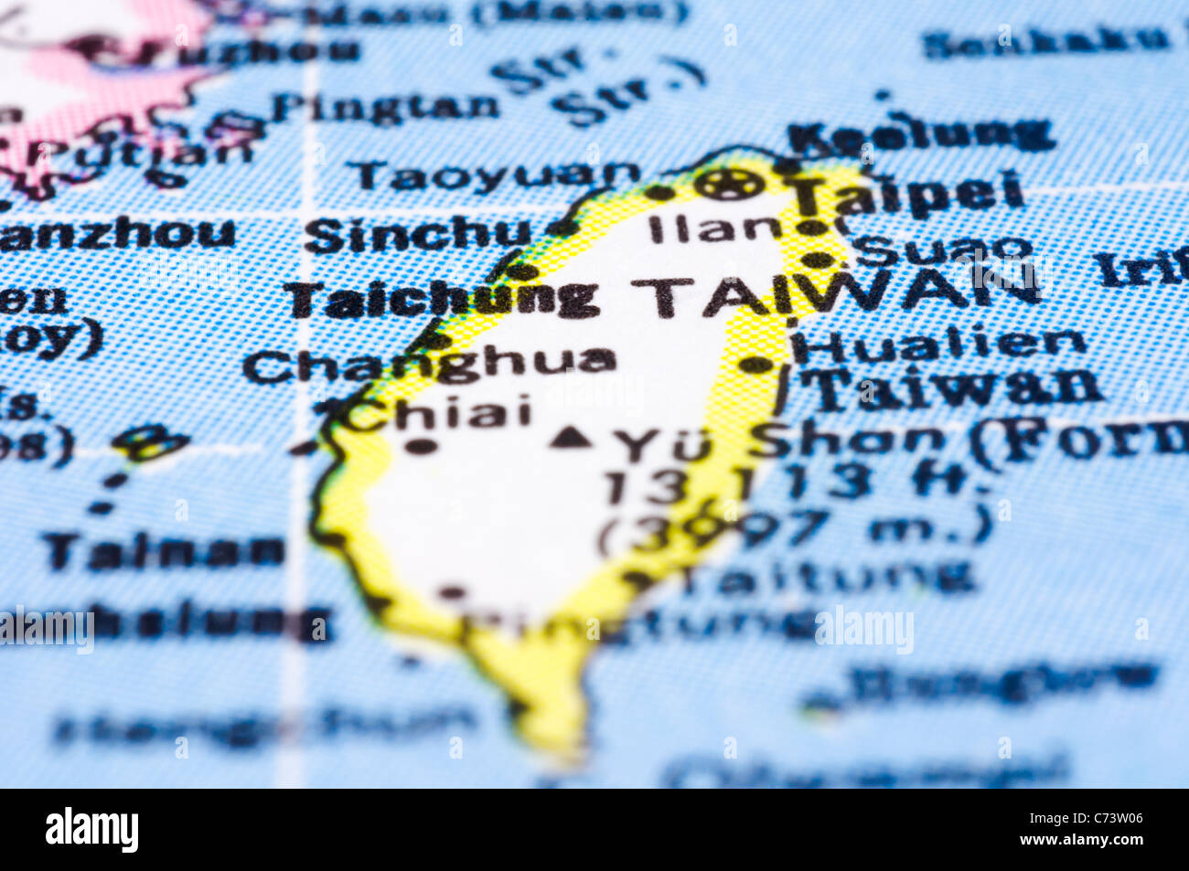 a close up shot of Taiwan on map, asia. Stock Photo
