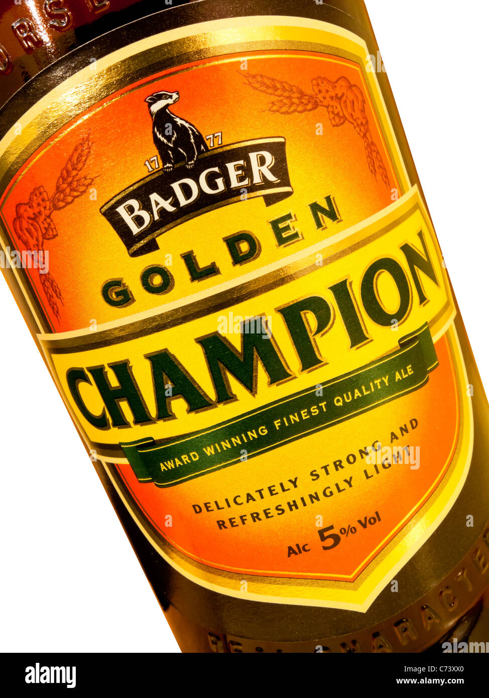 Label on a bottle of Badger Golden Champion a premium ale brewed by Hall  and Woodhouse of Blandford Forum Dorset England UK Stock Photo - Alamy