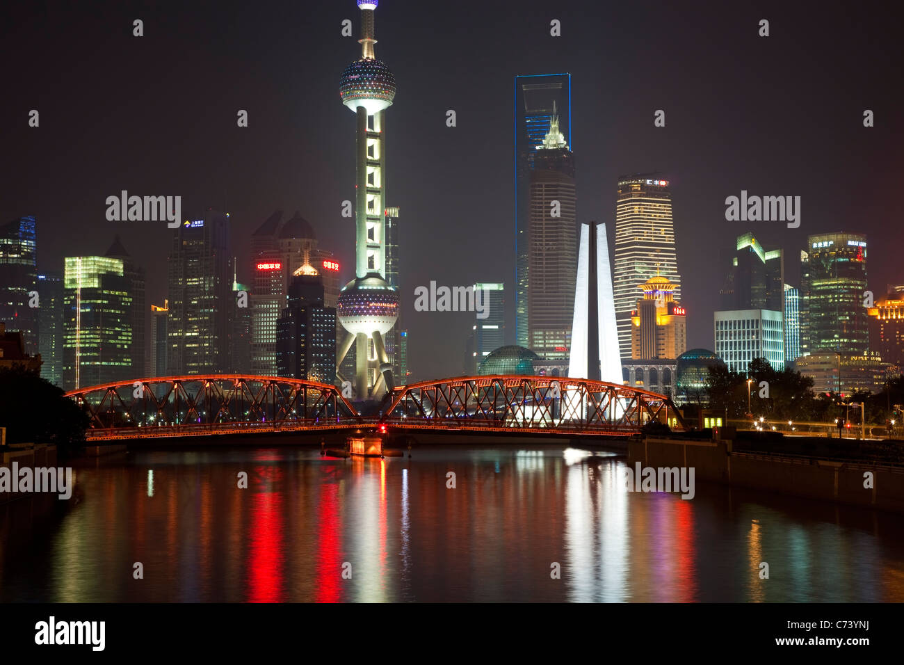 New Pudong skyline Waibaidu (Garden) Bridge looking across the Huangpu River from the Bund Shanghai China Stock Photo