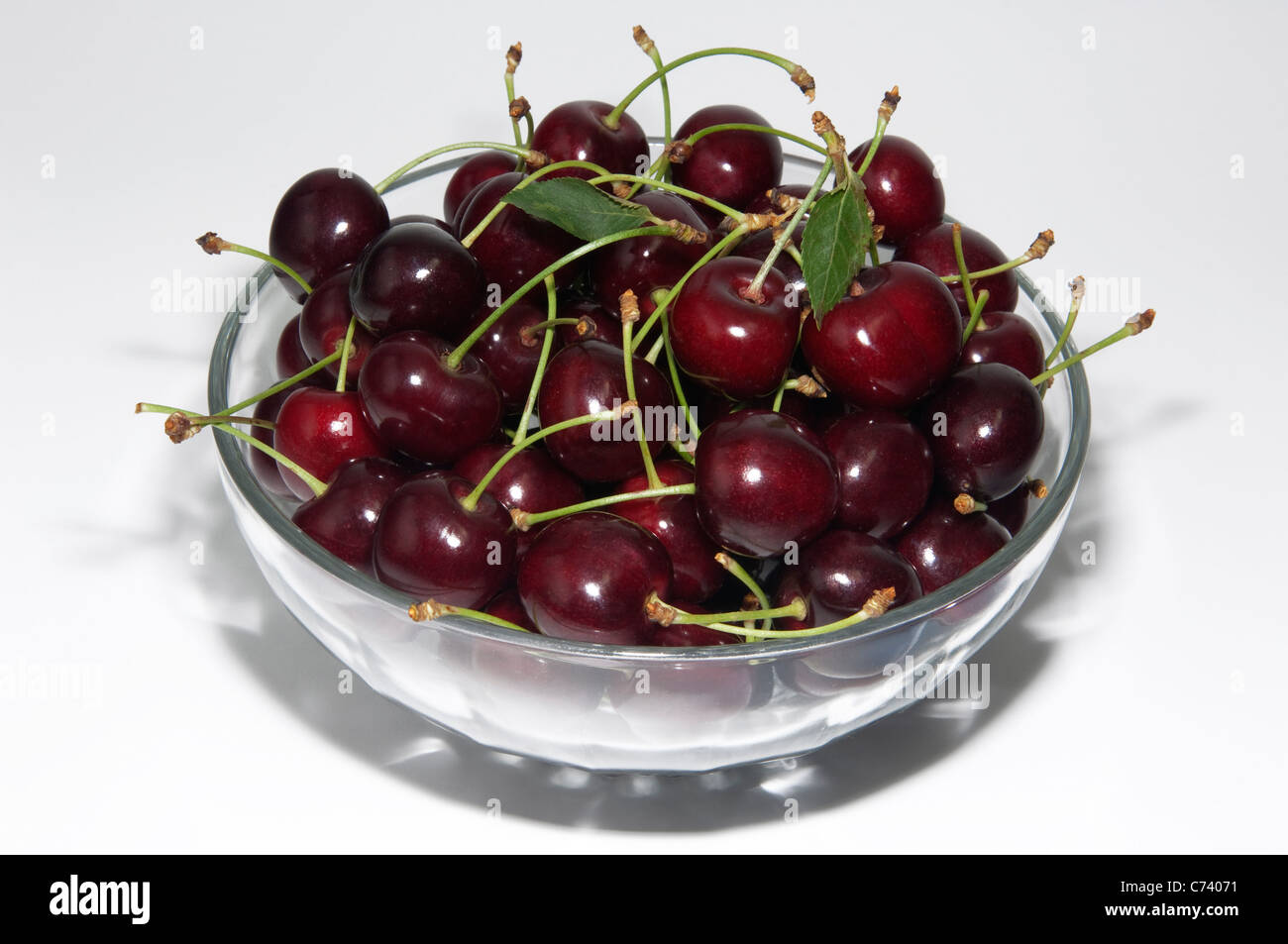 Sweet Cherry (Prunus avium). Ripe cherries in a glass bowl. Studio picture against a white background. Stock Photo