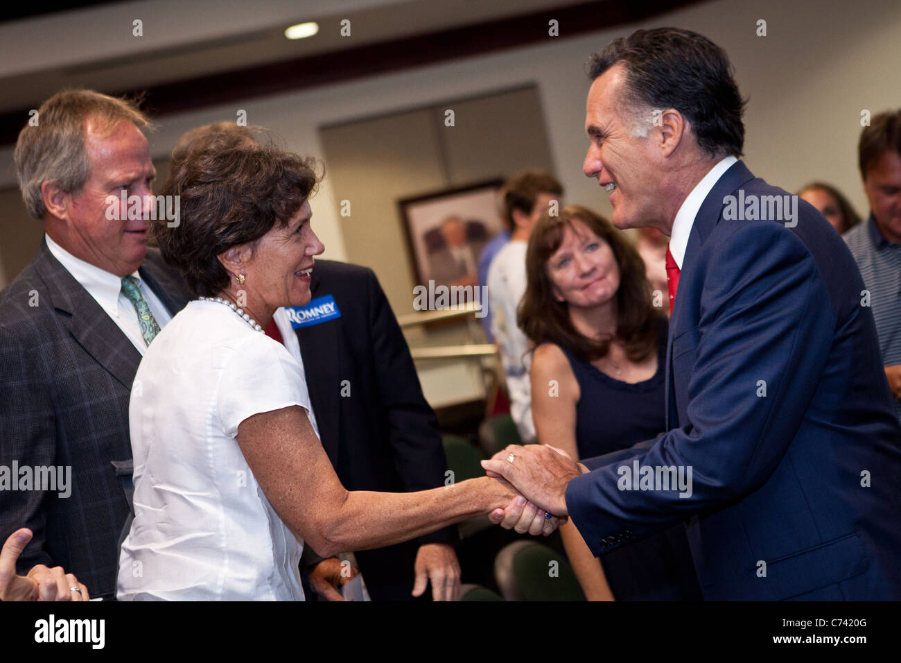 Gov. Mitt Romney greets supporters during a brief stop September 12, 2011 in North Charleston Stock Photo