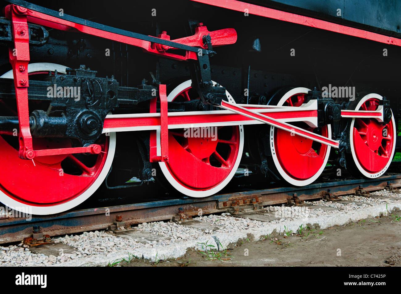 Red and White gears on a train that carries salt out of the Salt Mines in Poland Stock Photo