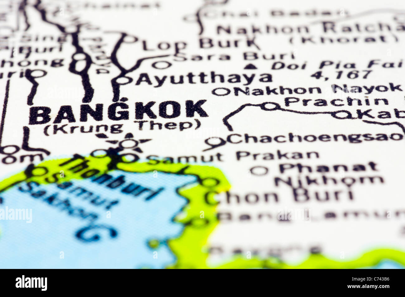 a close up shot of bangkok on map, capital of Thailand. Stock Photo