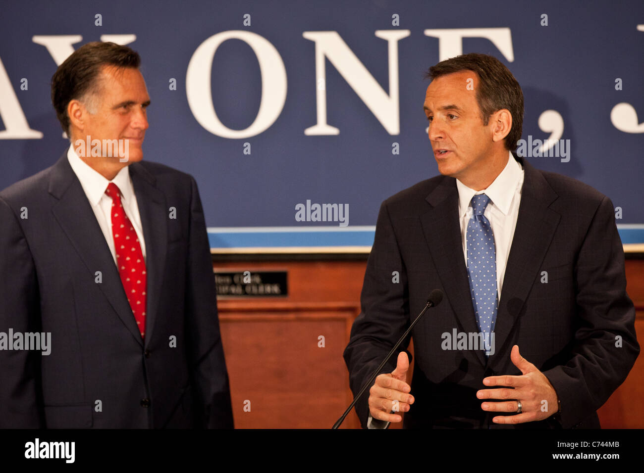 Gov. Mitt Romney thanks Gov. Tim Pawlenty for his endorsement on September 12, 2011 in North Charleston Stock Photo