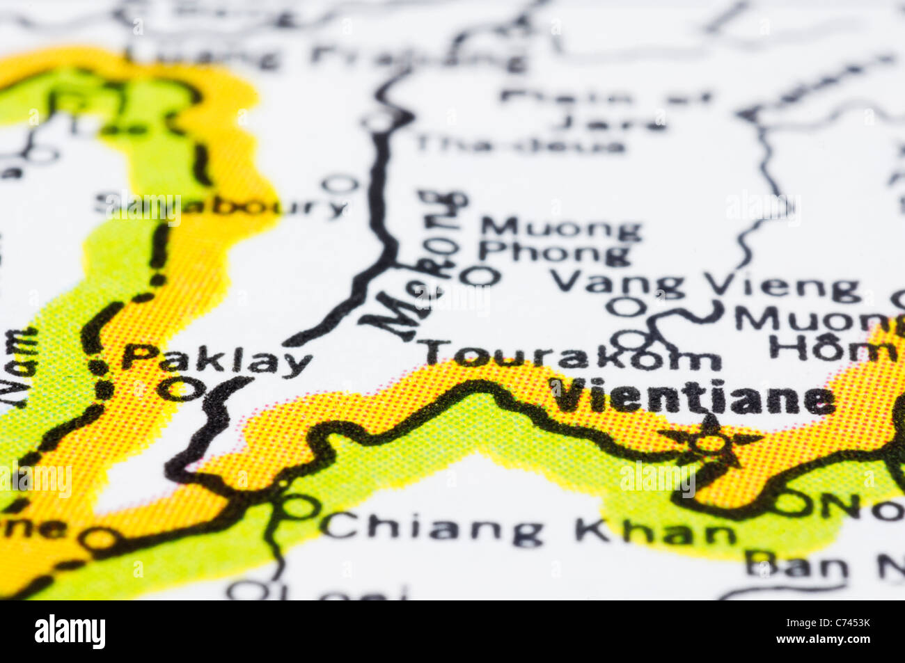 a close up of Vientiane on map, capital of Laos. Stock Photo