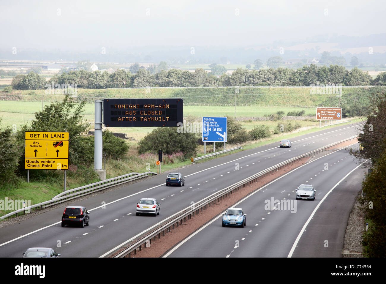 Traffic signs on M9 motorway at Stirling Scotland Stock Photo