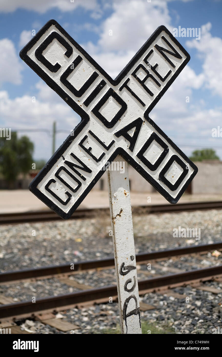 Warning sign at a level crossing, Mexico. Stock Photo