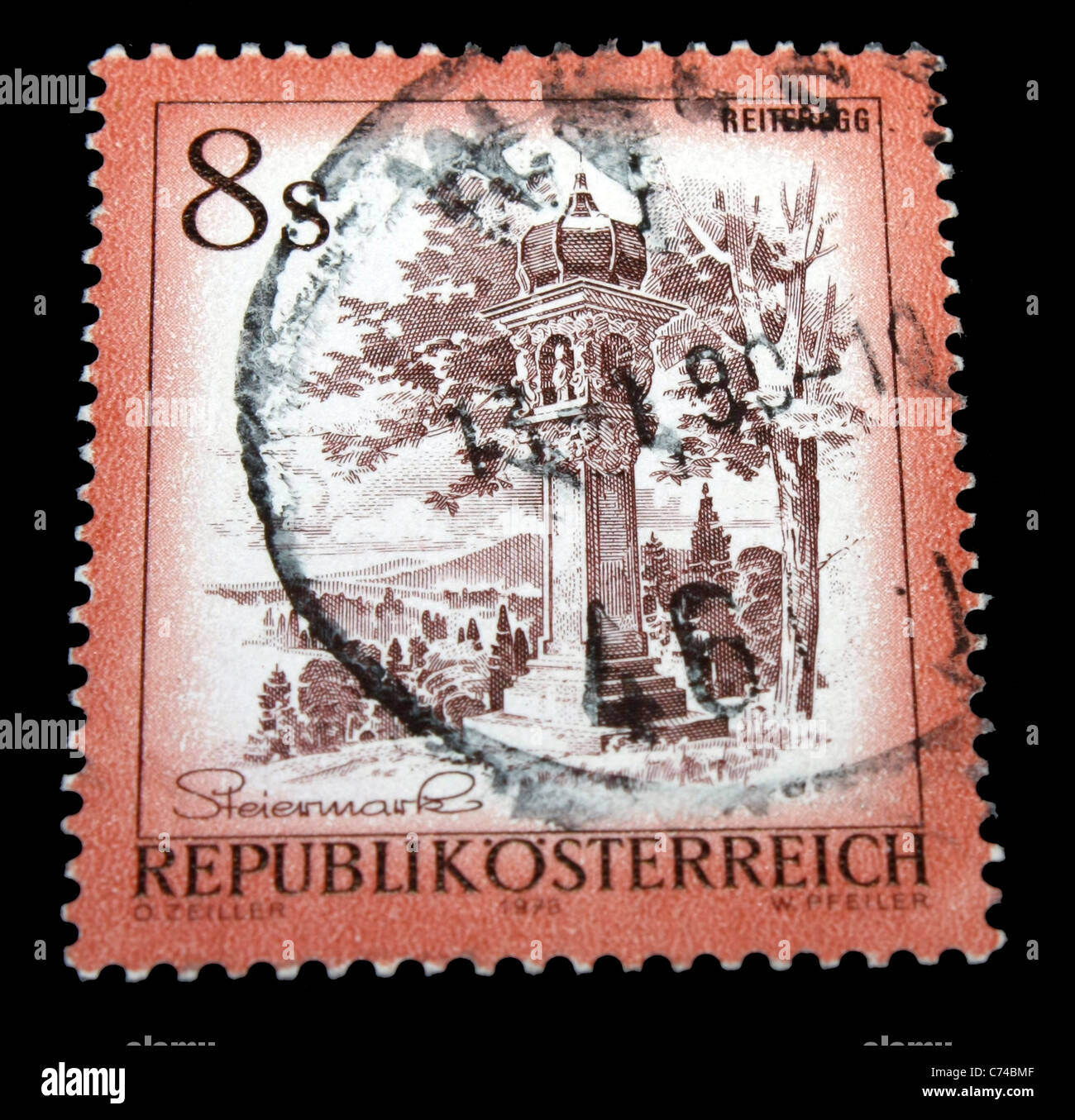 Republic of Austria Postage Stamp close up in black background Stock
